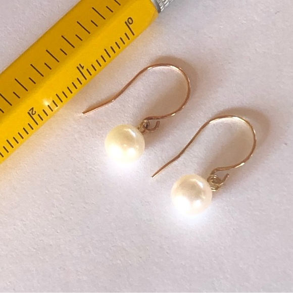 14k Solid Gold Pearl Dangle Earrings - Picture 7 of 10
